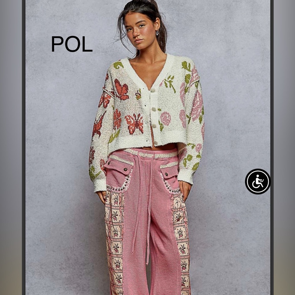 POL Cropped Floral Cardigan in Cream, Pink & Green